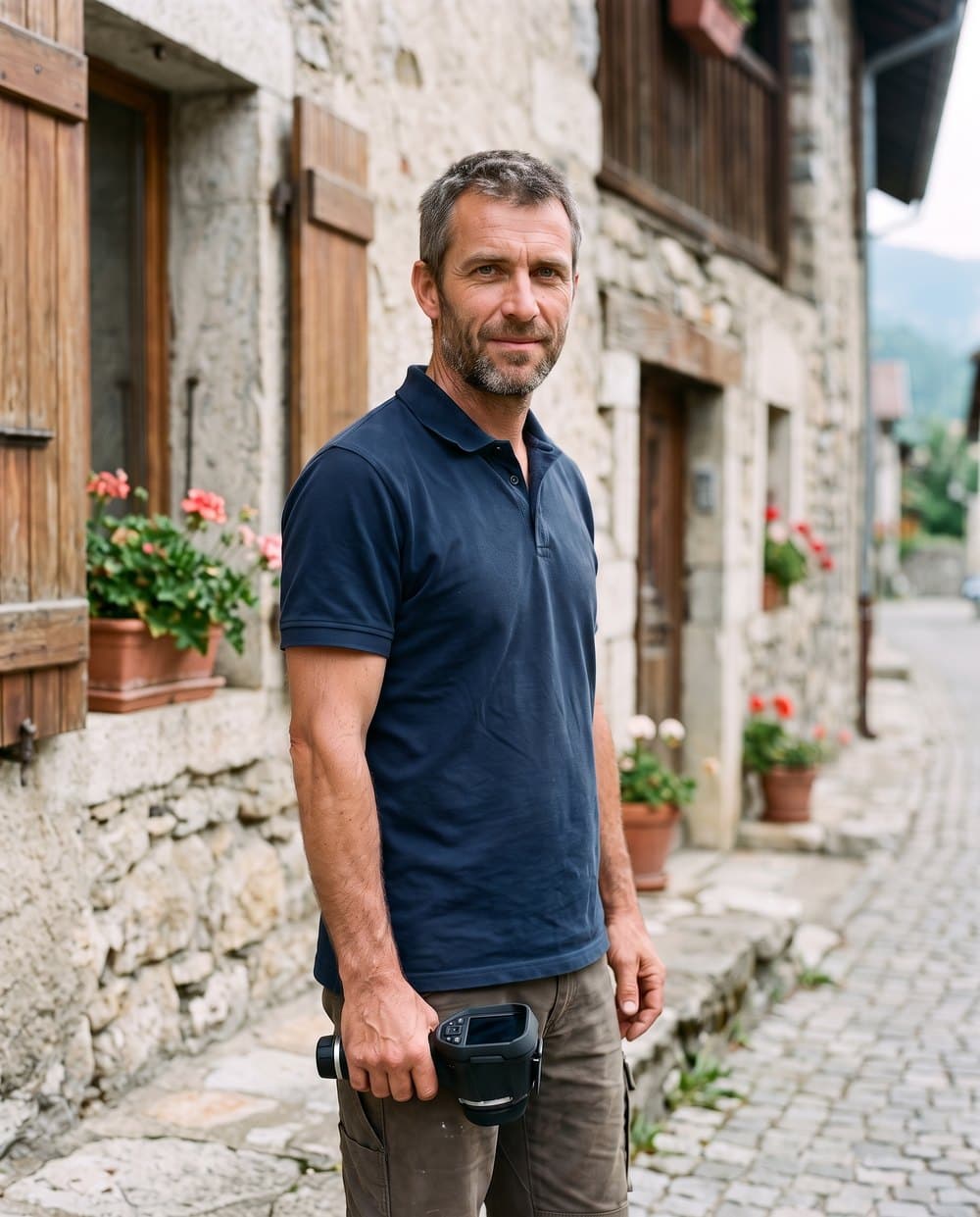 Damien Perret, technicien recherche de fuite, caméra thermique à la main dans une rue de bourg savoyard