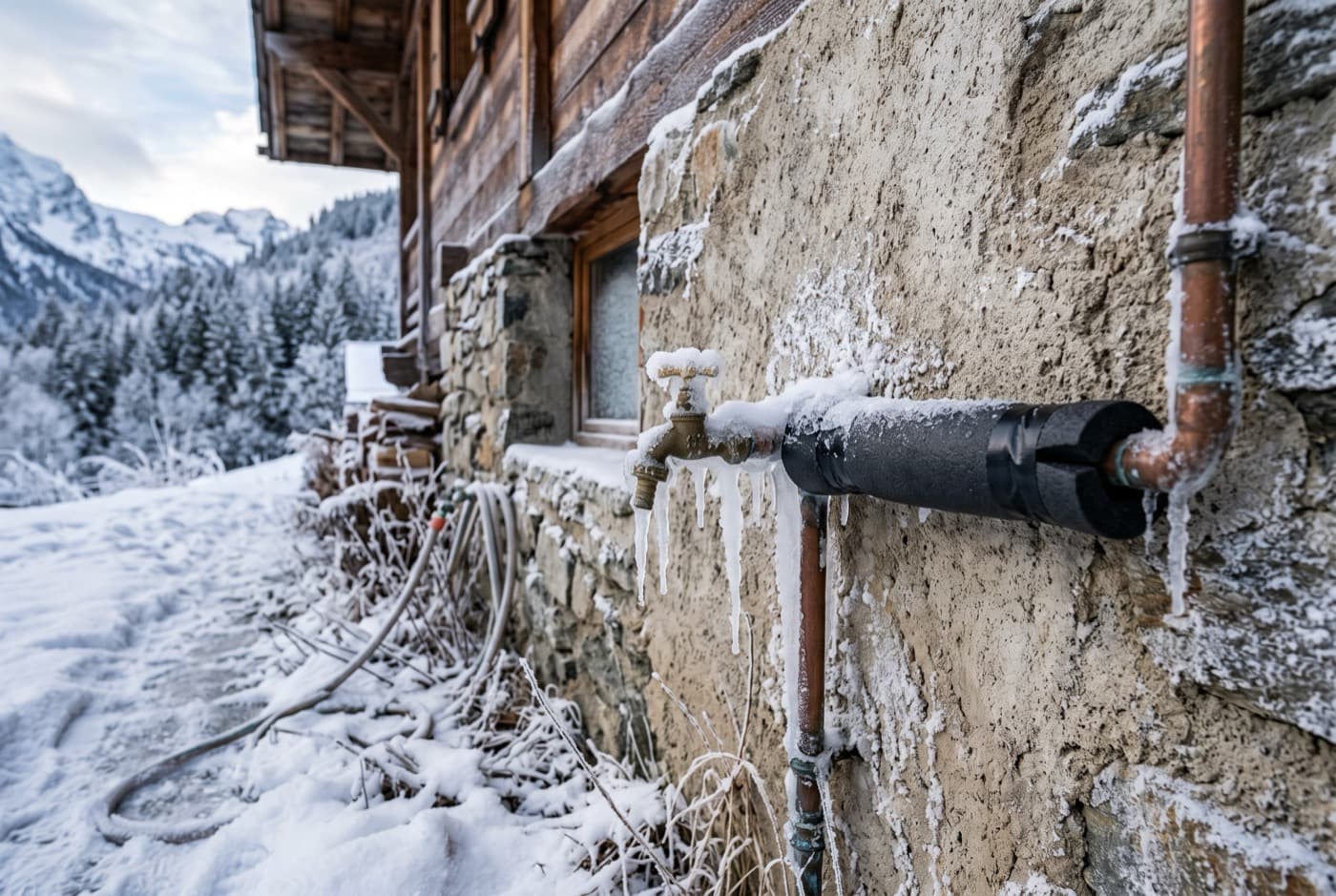 Tuyau d’eau extérieur en cuivre couvert de givre le long d’un mur, gaine isolante partiellement posée, neige au sol