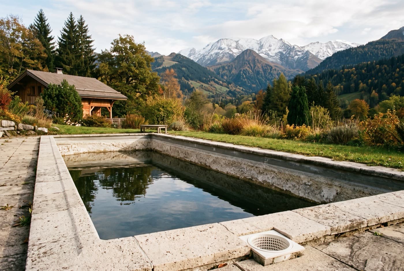Piscine en coque bleue au niveau d’eau bas laissant une ligne de calcaire sur la paroi, margelle en pierre claire