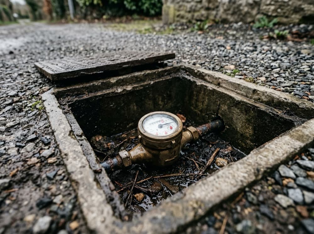 Compteur d’eau dans un regard béton ouvert au ras d’une allée de gravier