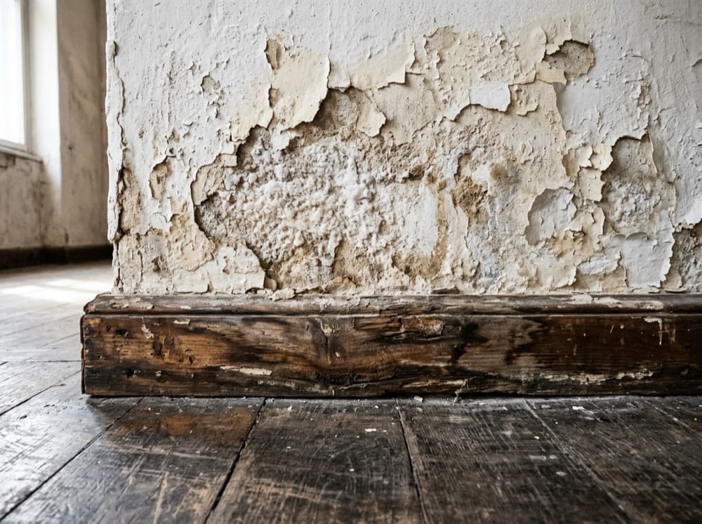 Bas de mur intérieur avec salpêtre, peinture écaillée et plinthe gonflée