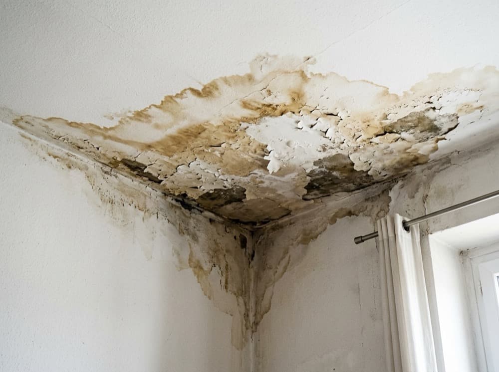 Auréole d’humidité brune et peinture cloquée au plafond d’un appartement