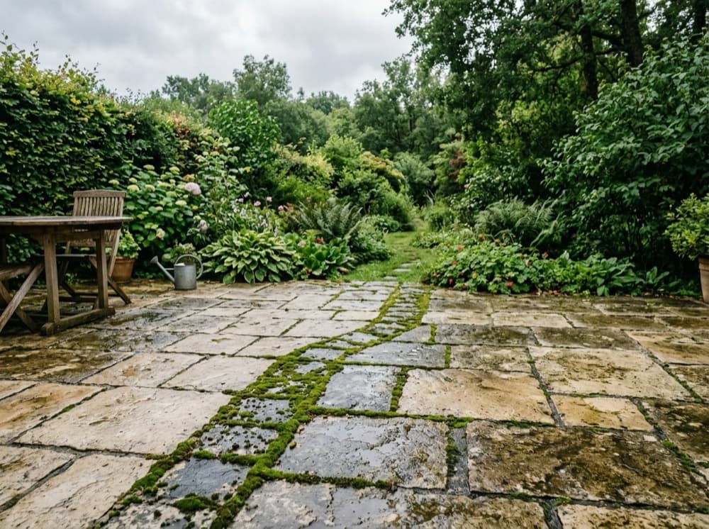 Terrasse en dalles de pierre avec une zone mouillée en permanence et de la mousse