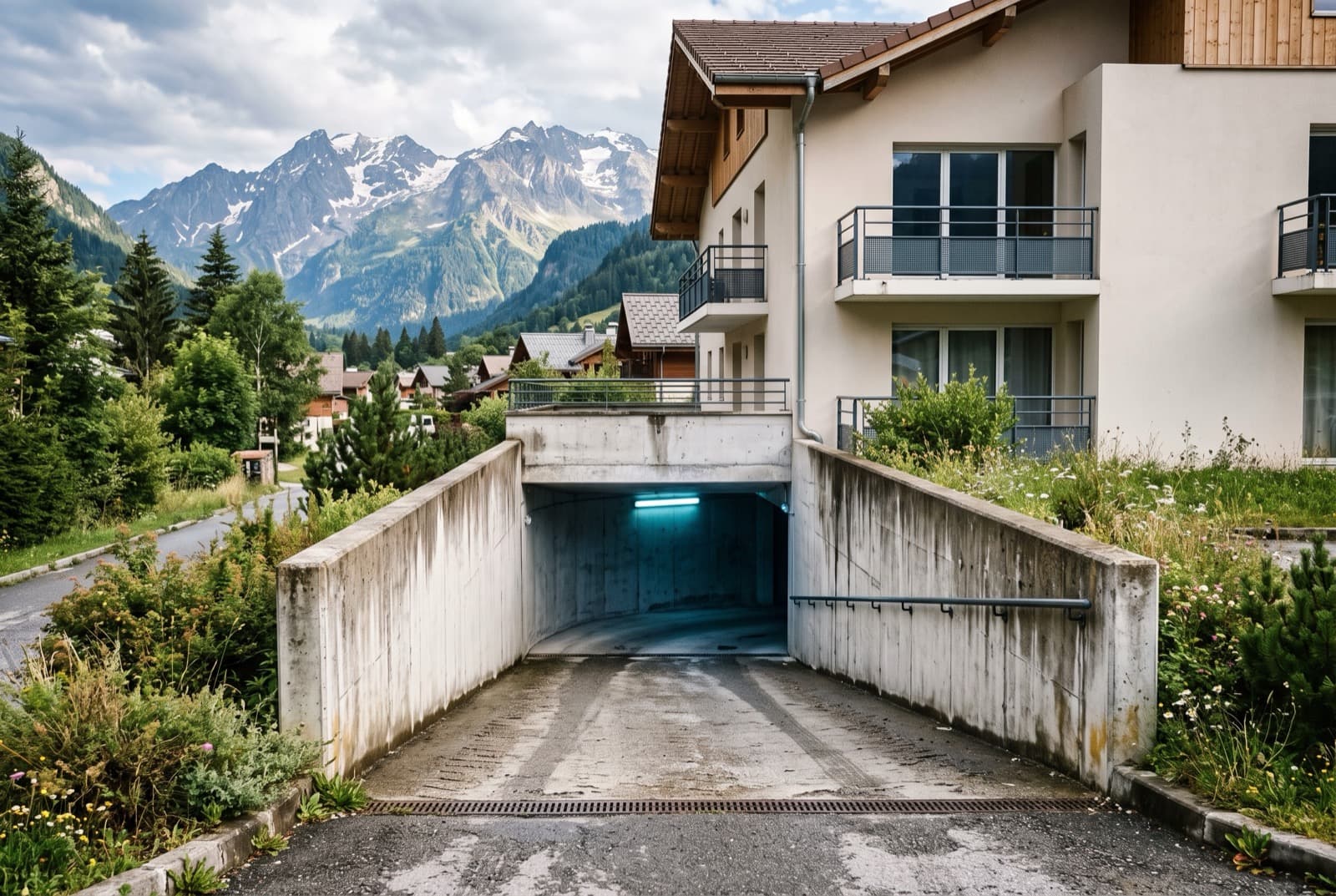 Entrée en pente d’un parking souterrain sous un petit immeuble résidentiel, béton et rambarde métallique